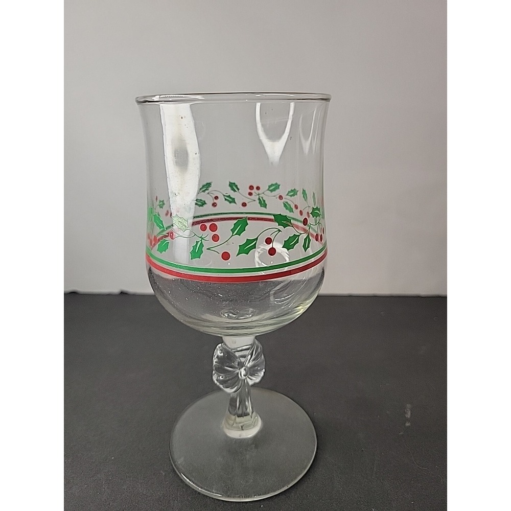 1 ARBY'S VINTAGE CHRISTMAS HOLLY BERRIES WINE GLASS BOW STEM CLEAR w/ GOLD RIM